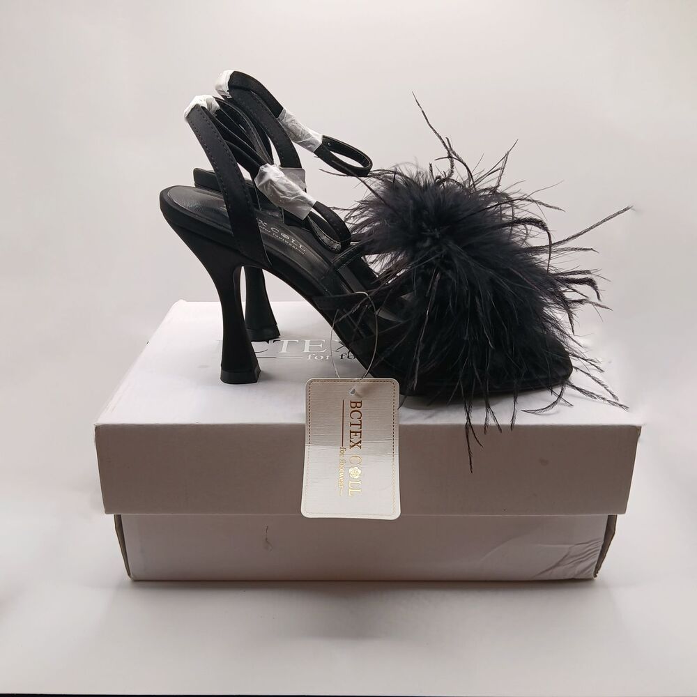 BCTEX COLL Women's Heeled Sandals Fluffy Feather Square Open Toe Ankle Strap